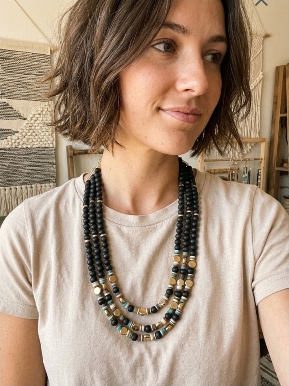 Layered Triple-Strand Black Beaded Necklace